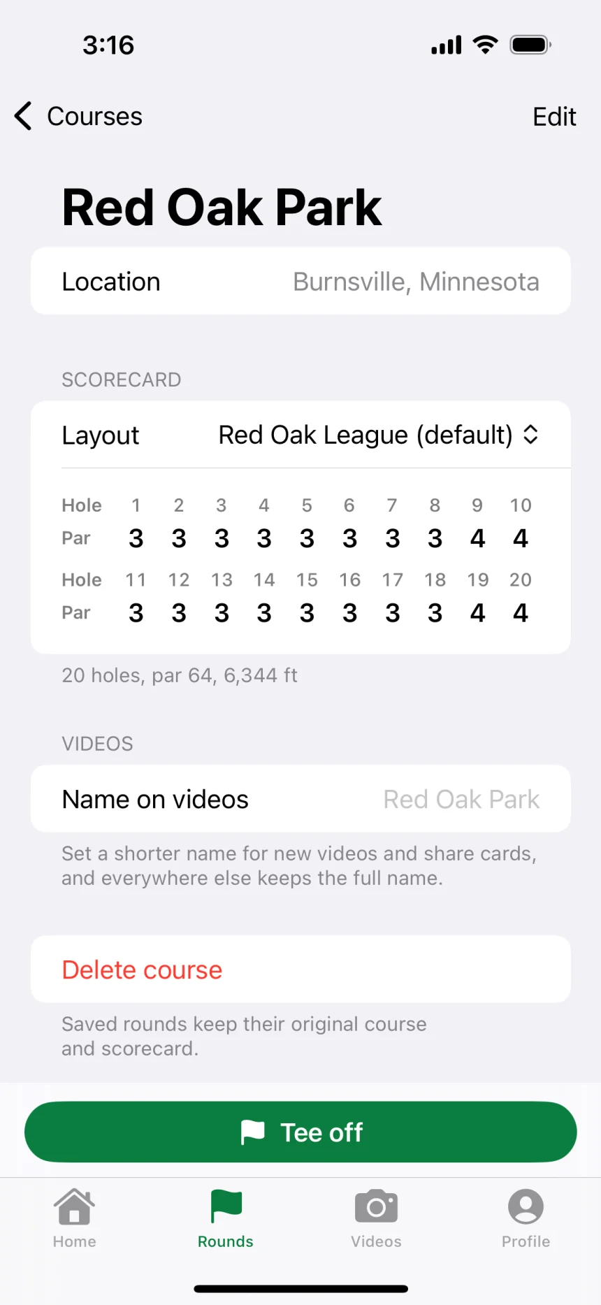 Red Oak Park in Burnsville, Minnesota, on its Red Oak League layout with 20 holes and par 64, above the Name on videos setting.