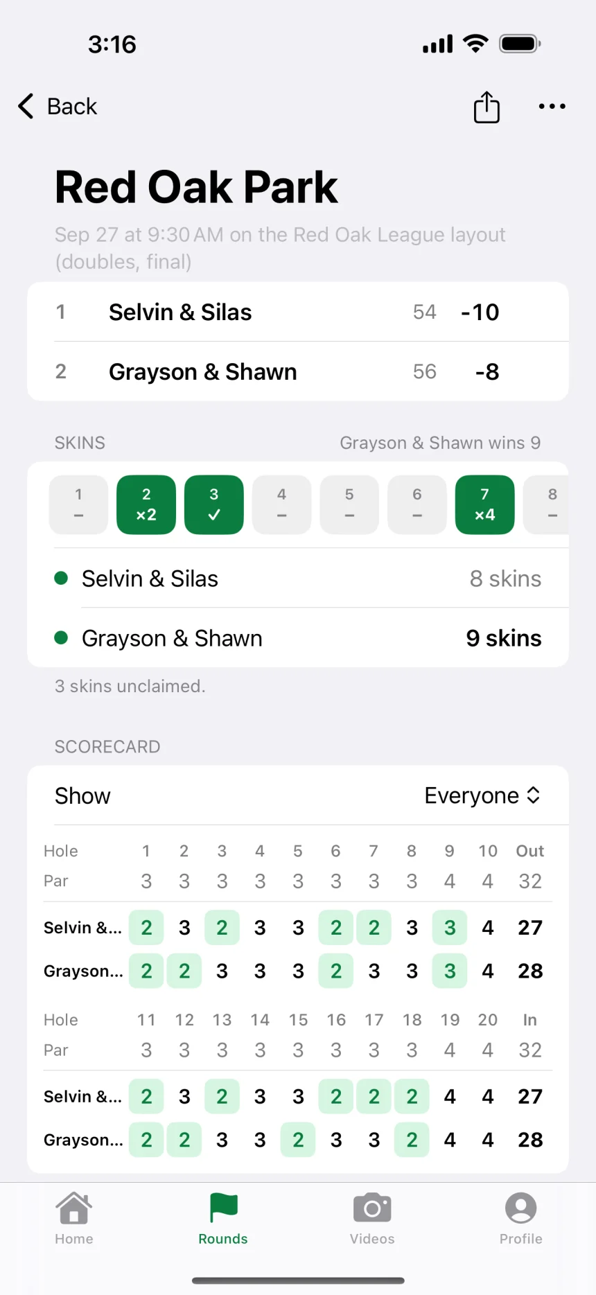 A best shot doubles round where Selvin and Silas win the round and Grayson and Shawn win the skins.