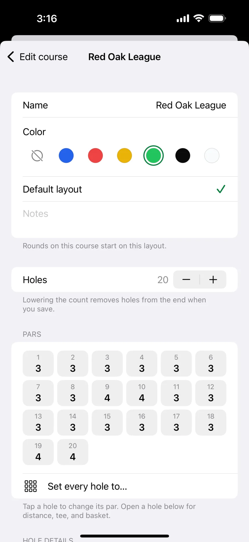 The Red Oak League layout’s editor with its color, 20 holes, and every hole’s par.