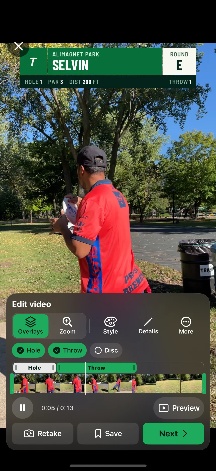 Selvin’s drive on hole 1 at Alimagnet Park in the editor, with the hole and throw overlays on the timeline.