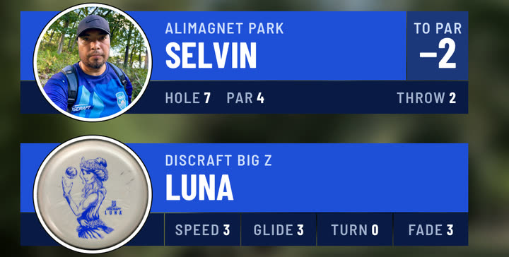 The throw overlay with Selvin’s photo and the disc overlay with a photo of a white Big Z Luna, both as round die-cut stickers, in Blue, over blurred footage from Alimagnet Park.