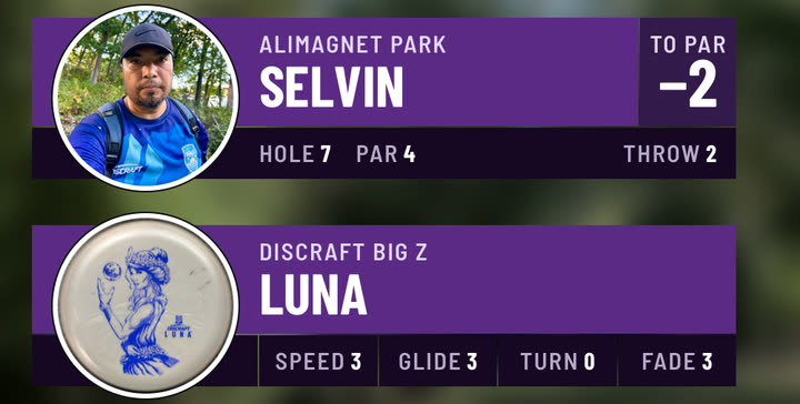 The throw overlay with Selvin’s photo and the disc overlay with a photo of a white Big Z Luna, both as round die-cut stickers, in Purple & Gold, a style made in My Styles, over blurred footage from Alimagnet Park.